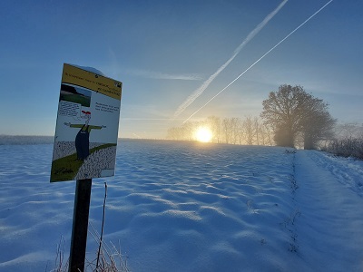 Besneeuwd perceel beheerovereenkomst faunavoedselgewas en infoborde