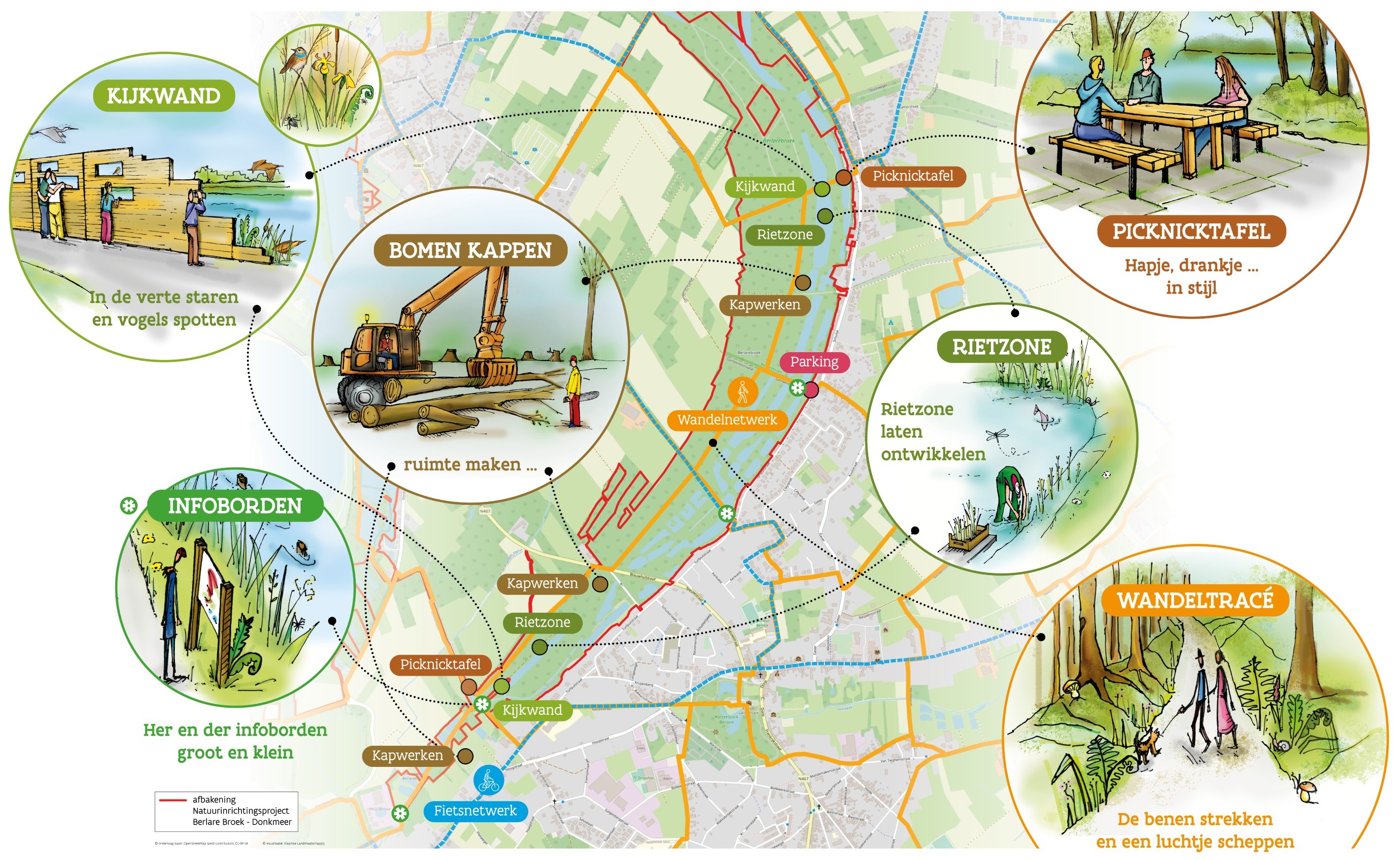 kaart werken met aanduiding van werken voor natuurherstel en recreatie
