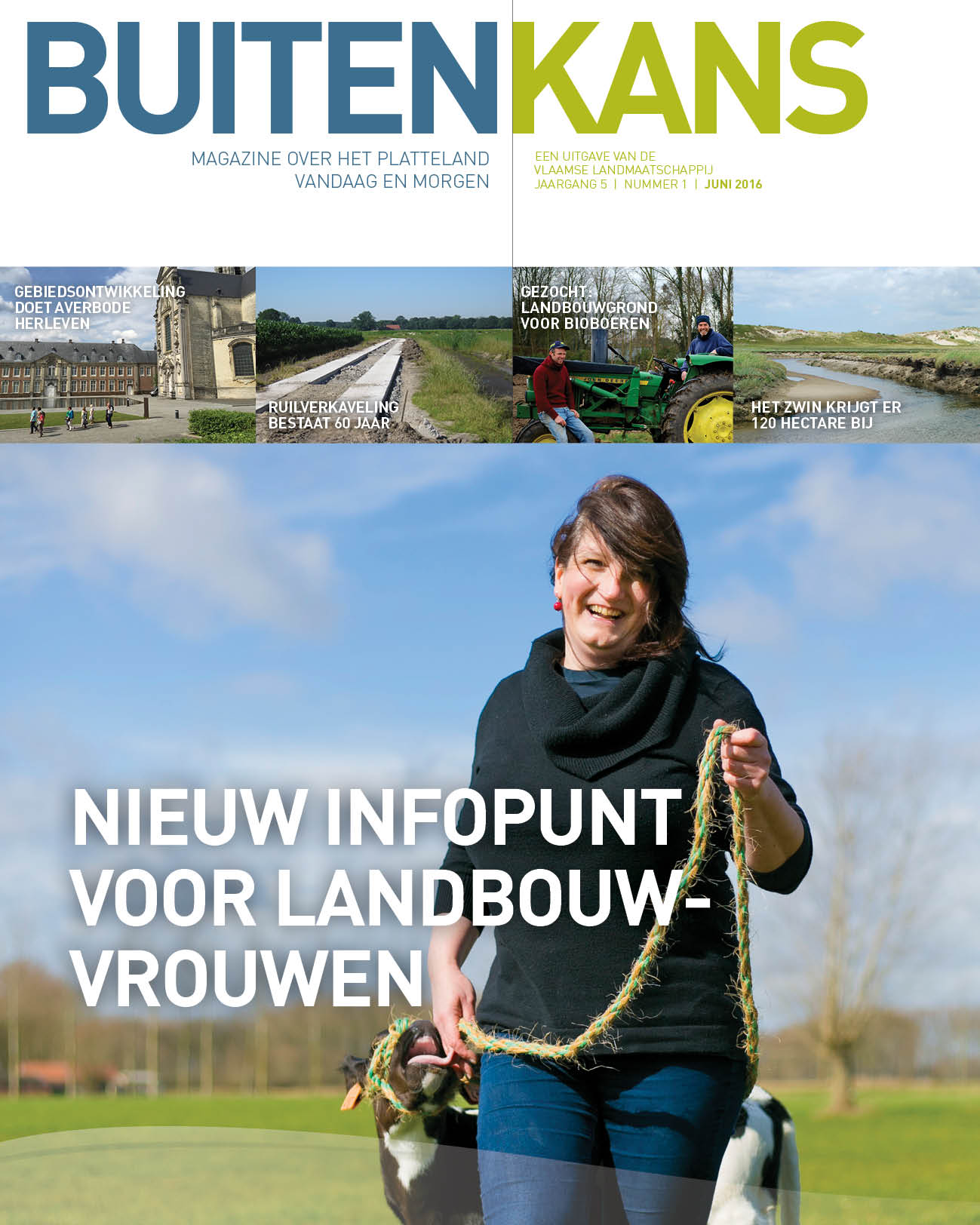 Cover Buitenkans nr. 11, landbouwvrouw met kalfje in de wei, kop: Nieuw infopunt voor landbouwvrouwen