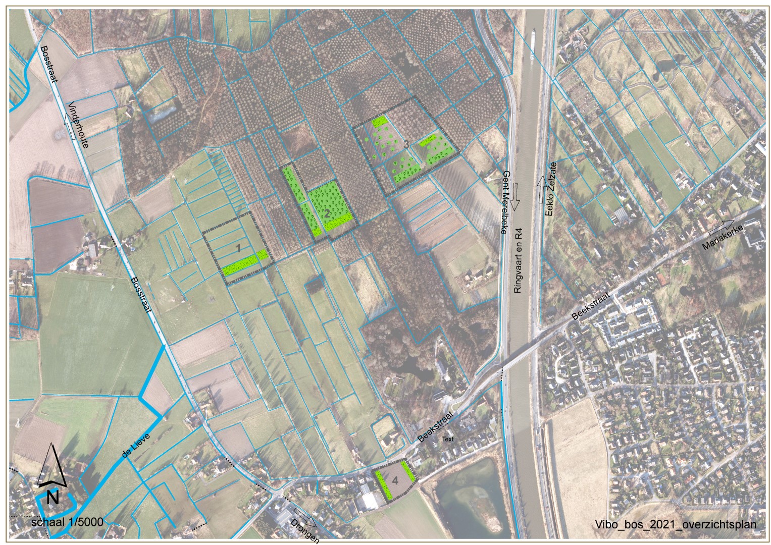 Plan met de 4 plantlocaties, goed voor bijna 9 ha nieuw bos (februari 2021)
