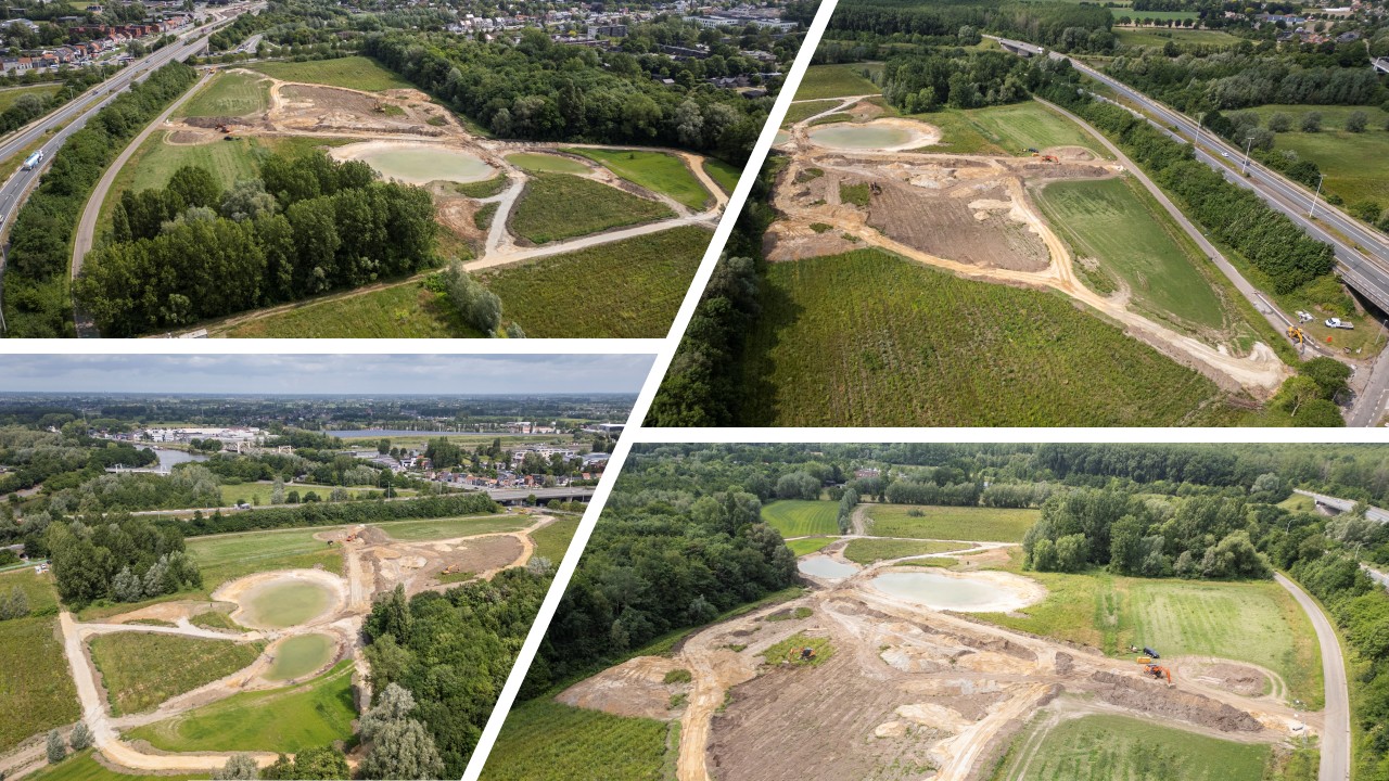 collage dronebeelden werk in uitvoering aan park Groene Velden (c) provincie Oost-Vlaanderen