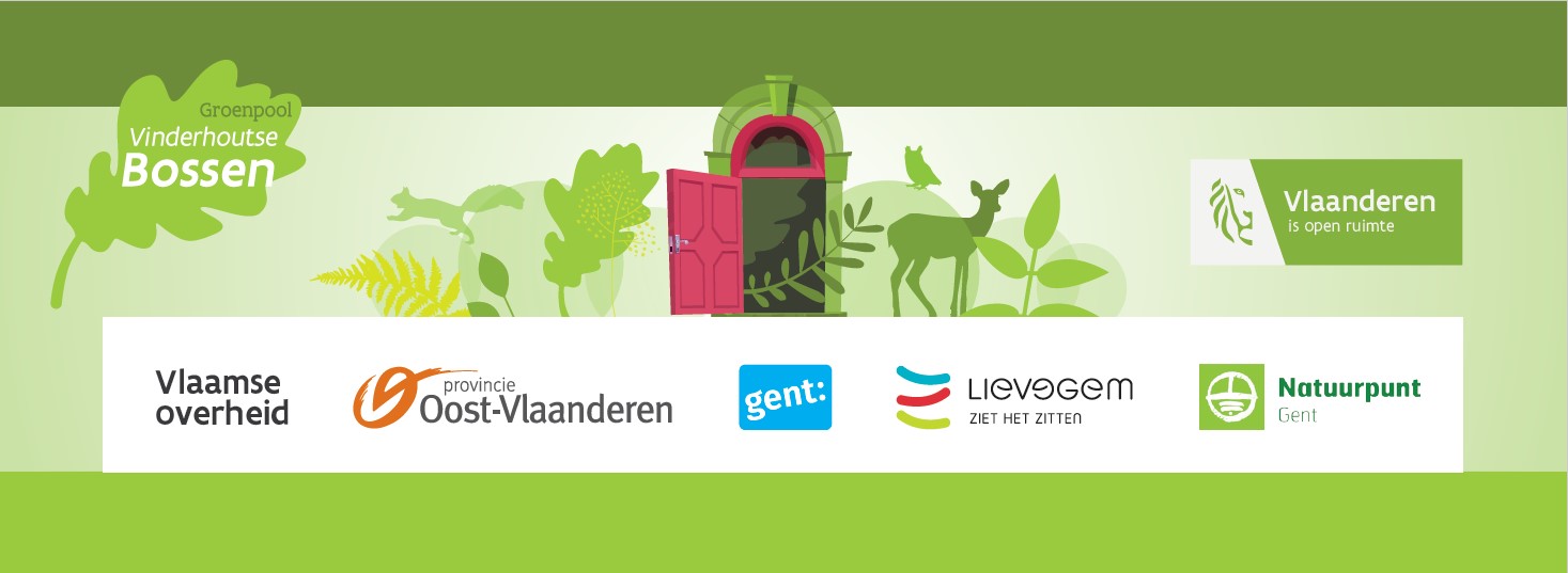 Bannerbeeld tekening met bosdieren en toegangspoort incl logo's partners