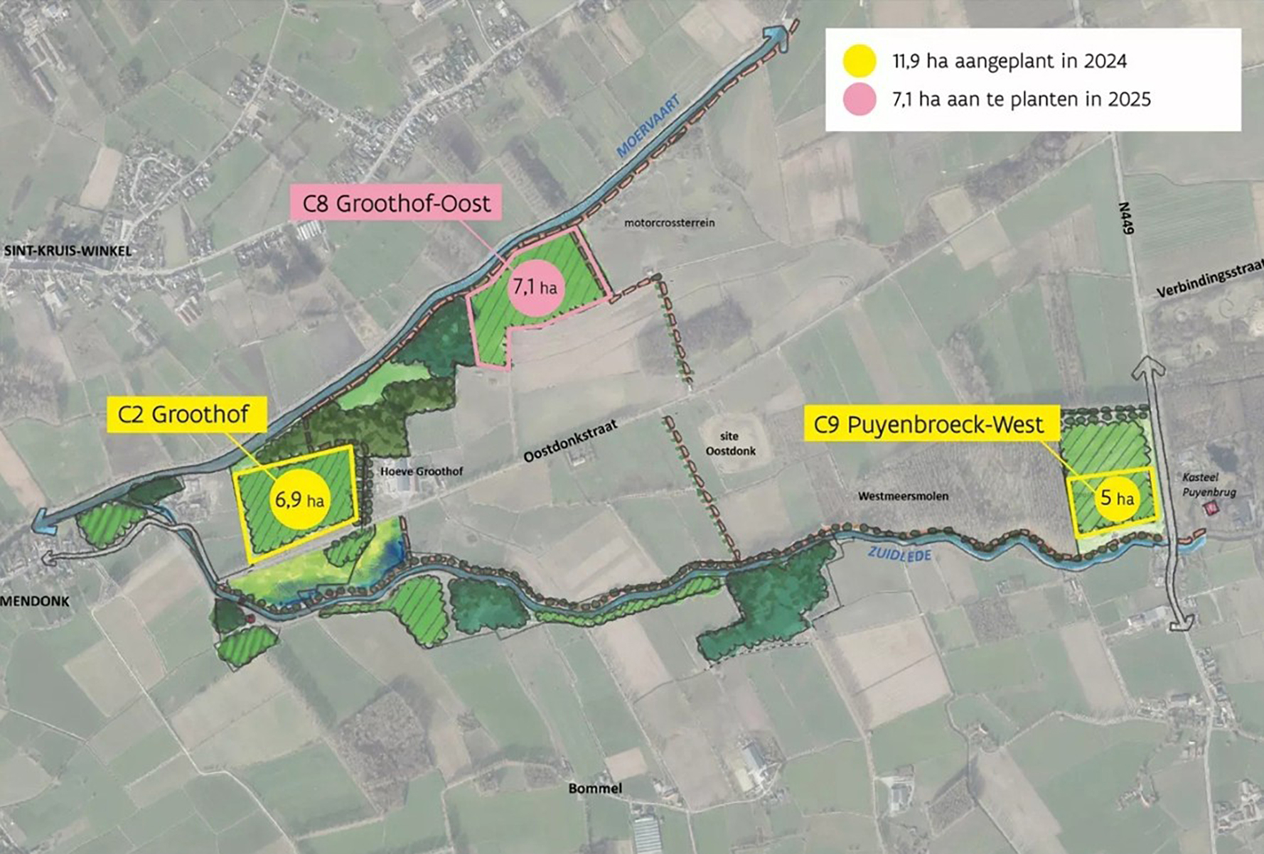 kaart met aanduiding beplantingen in 2024 en 2025