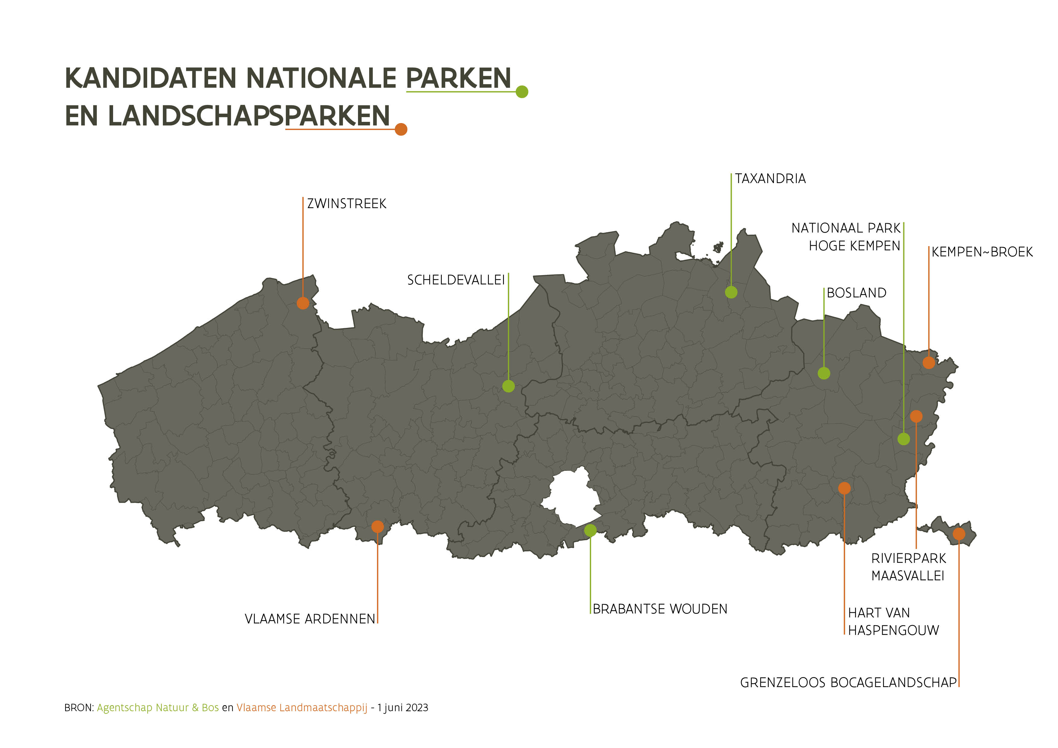 Kaart met overzicht kandidaten Vlaamse Parken
