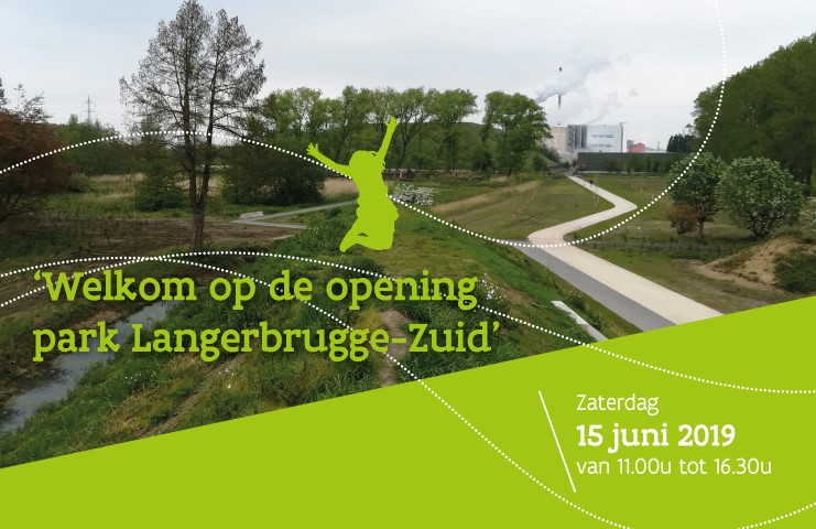 zicht op nieuw park in Langerbrugge met wandelpaden, water, groen en speelheuvels