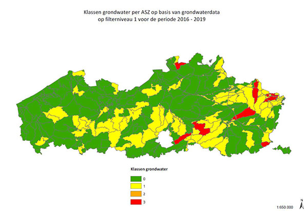indeling van de afstroomzones (ASZ) in de verschillende klassen voor grondwater