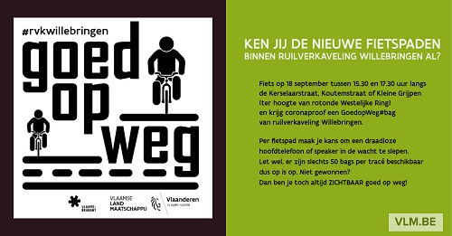 Afbeelding toont flyer van de fietsactie met voorbeeld van de GoedopWegbag