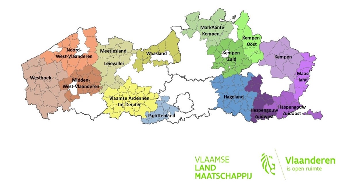 Kaart met de 15 erkende LEADER-gebieden voor 2023-2027