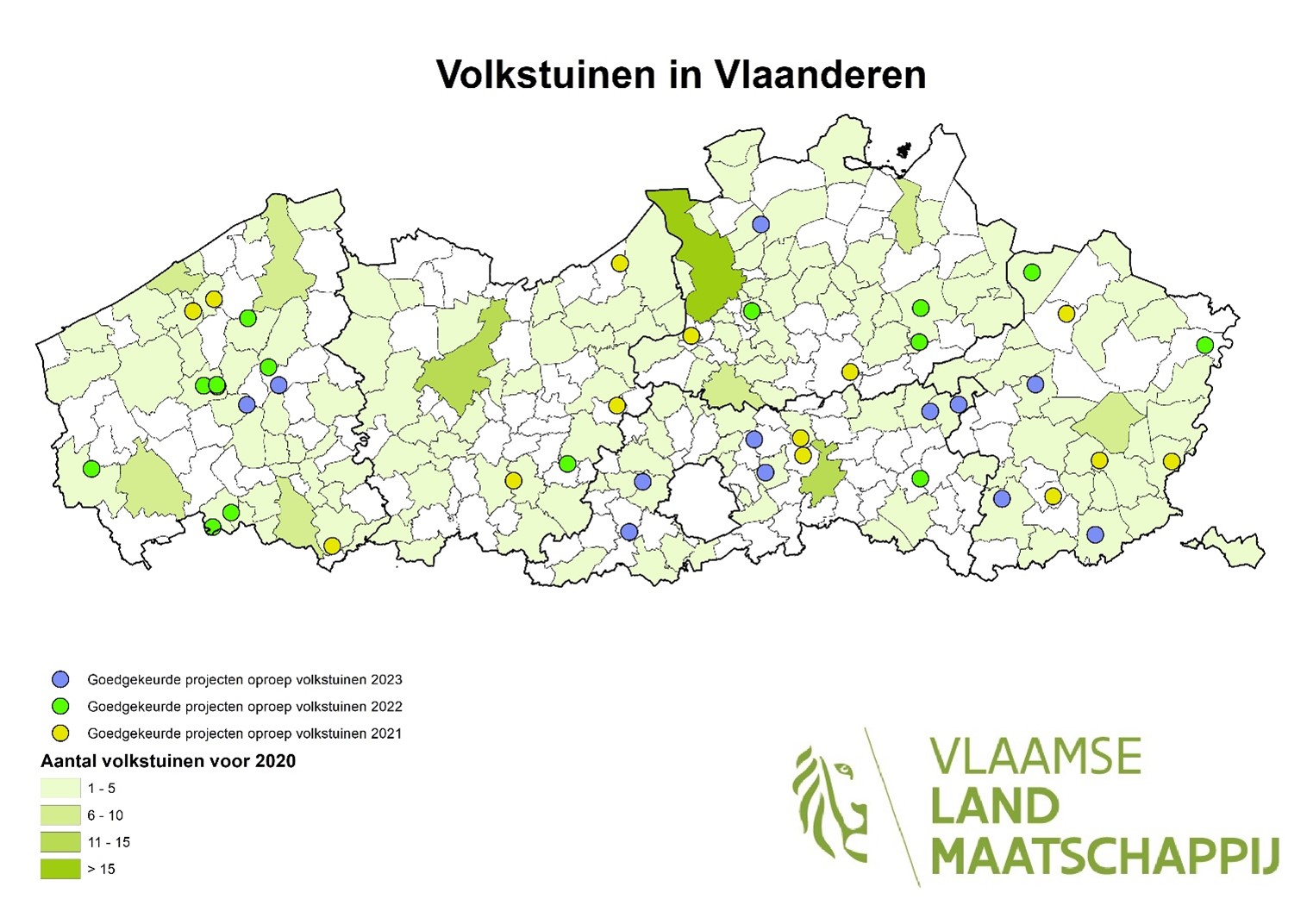 kaart van Vlaanderen met aanduiding van de volkstuinen in Vlaanderen