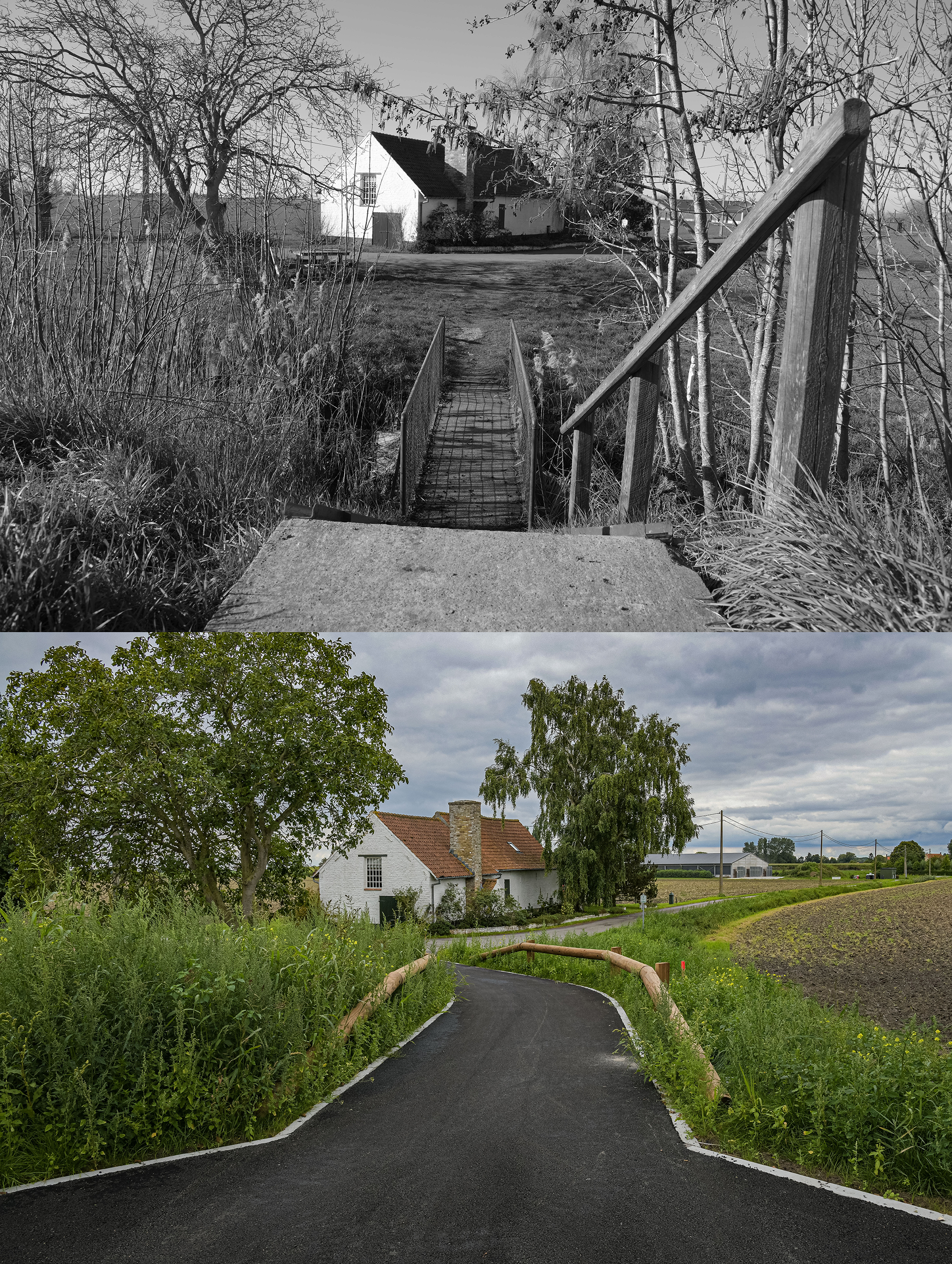 fietshelling voor en na, vanop fietspad Lovaart