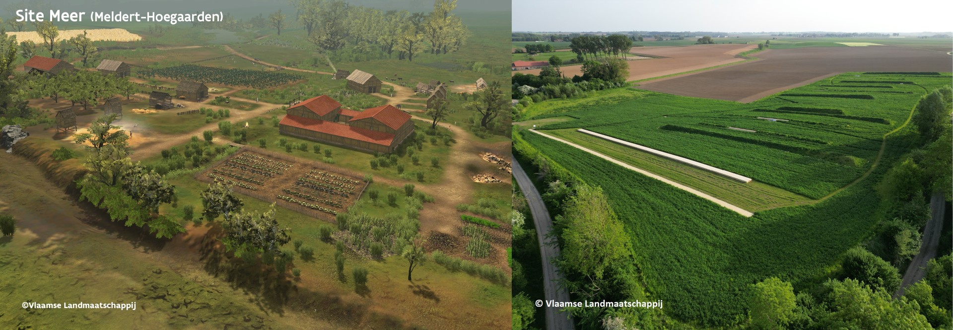Visualisatie landbouwbedrijf Gallo-Romeinse tijd en daarnaast dronebeeld van site nu