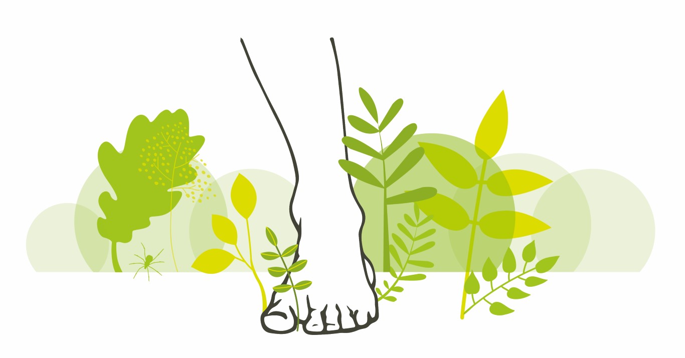 tekening blote voet tussen het groen