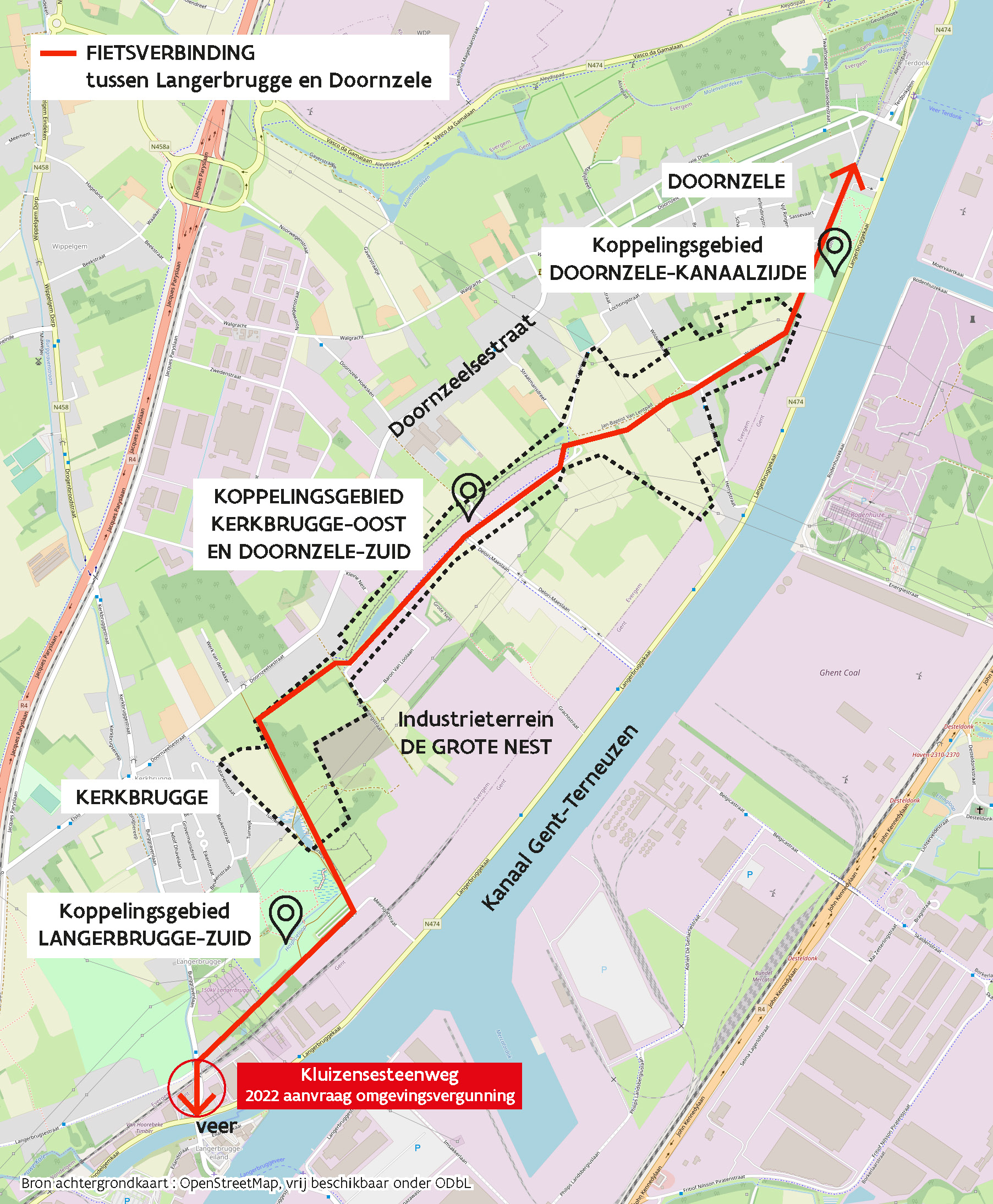 Situeringskaart met fietsverbinding en fases van de werken