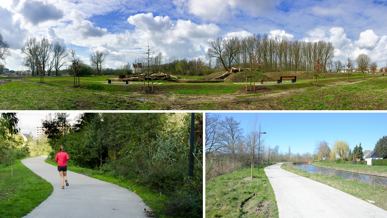 collage speelberg, jogger en pad langs water