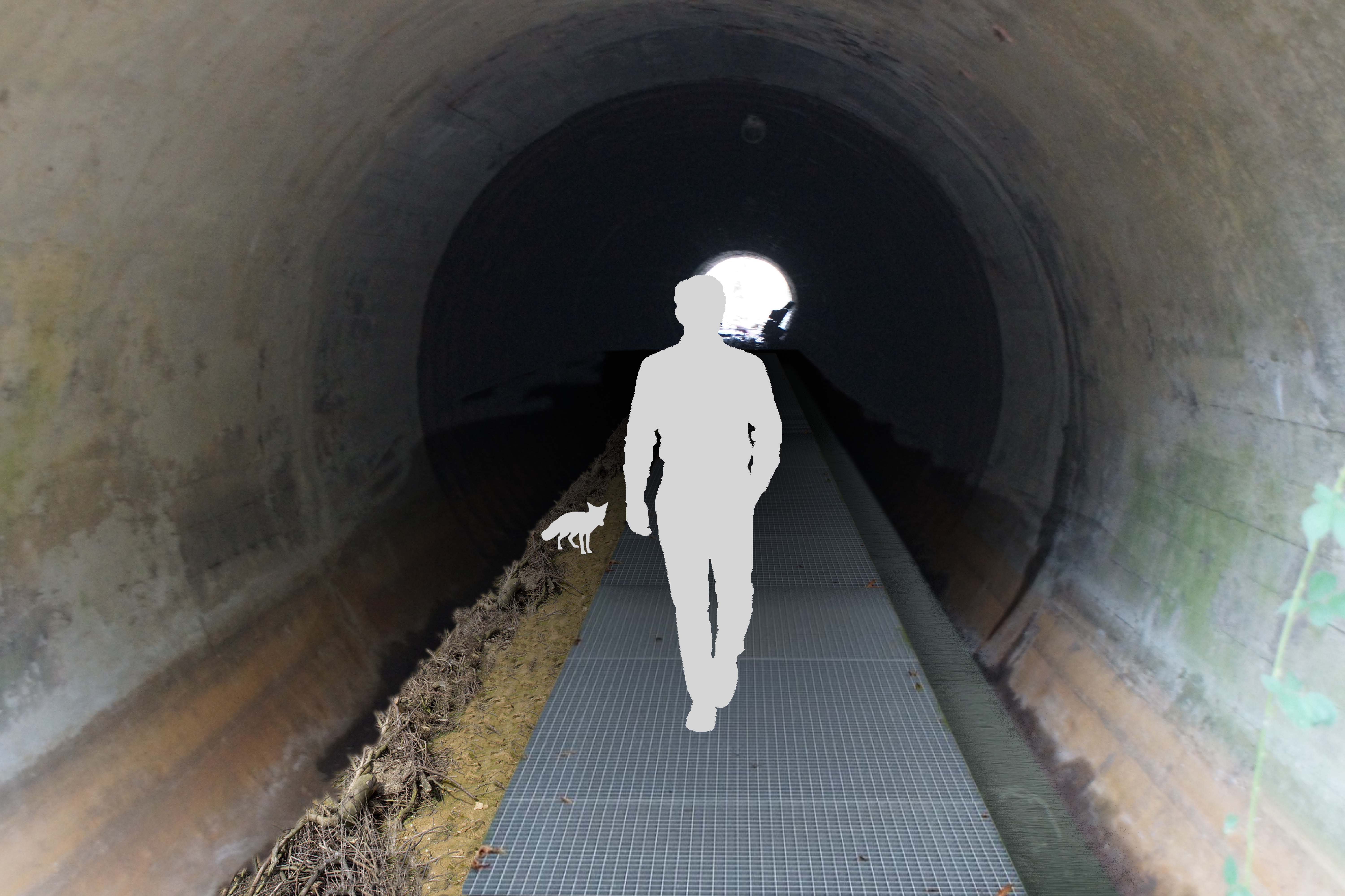 Visualisatie van steenbakkerstunnel met wandelaar en vos