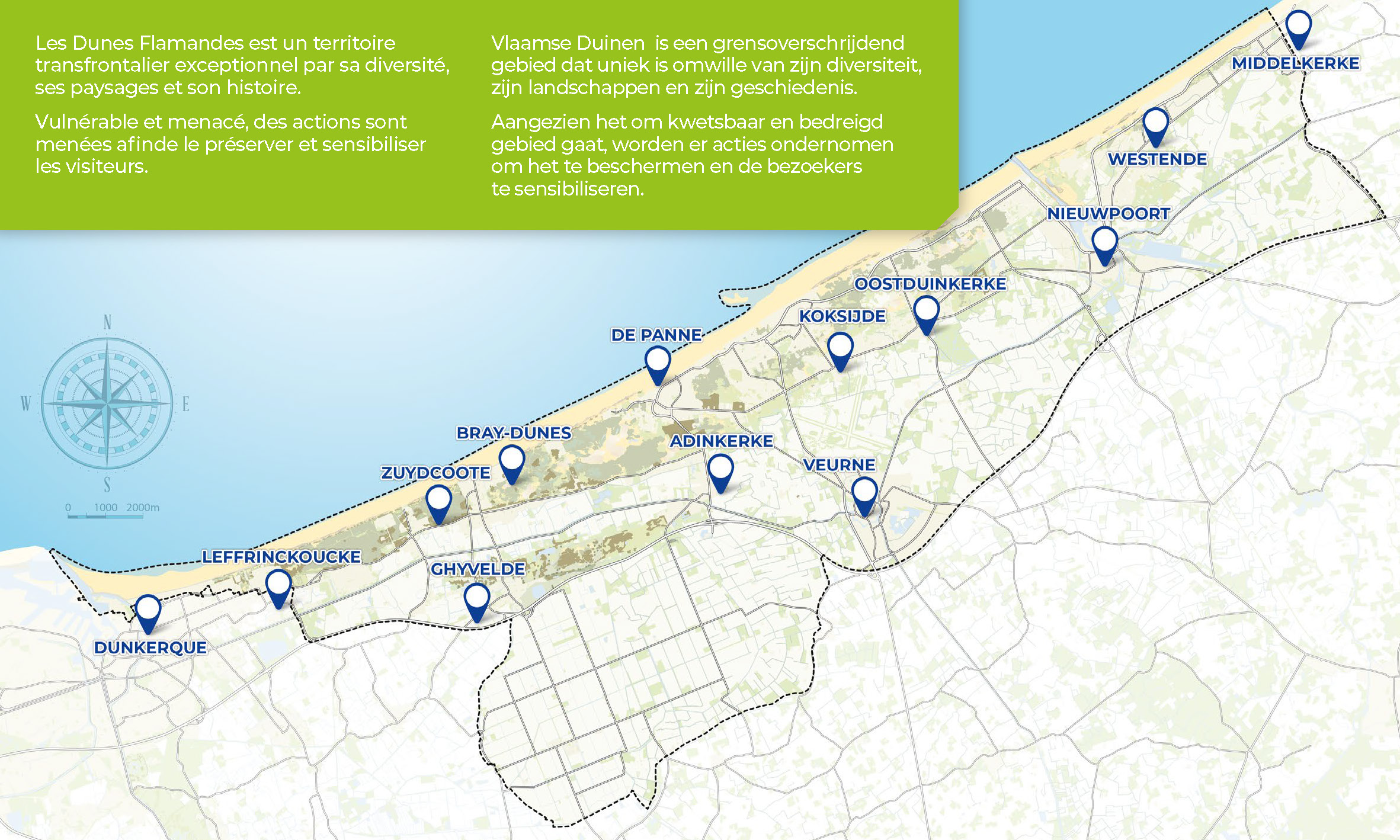 kaart situering duinen- en poldergebied in Vlaanderen en Noor-Frankrijk