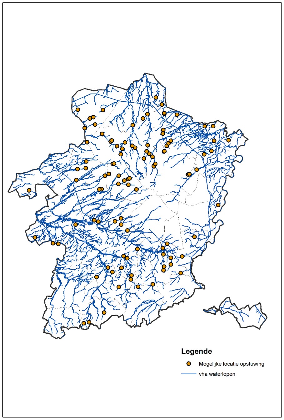 Locaties op de waterlopen categorie 2 die na een eerste analyse geschikt worden geacht voor opstuwing, op basis van de pluviale 